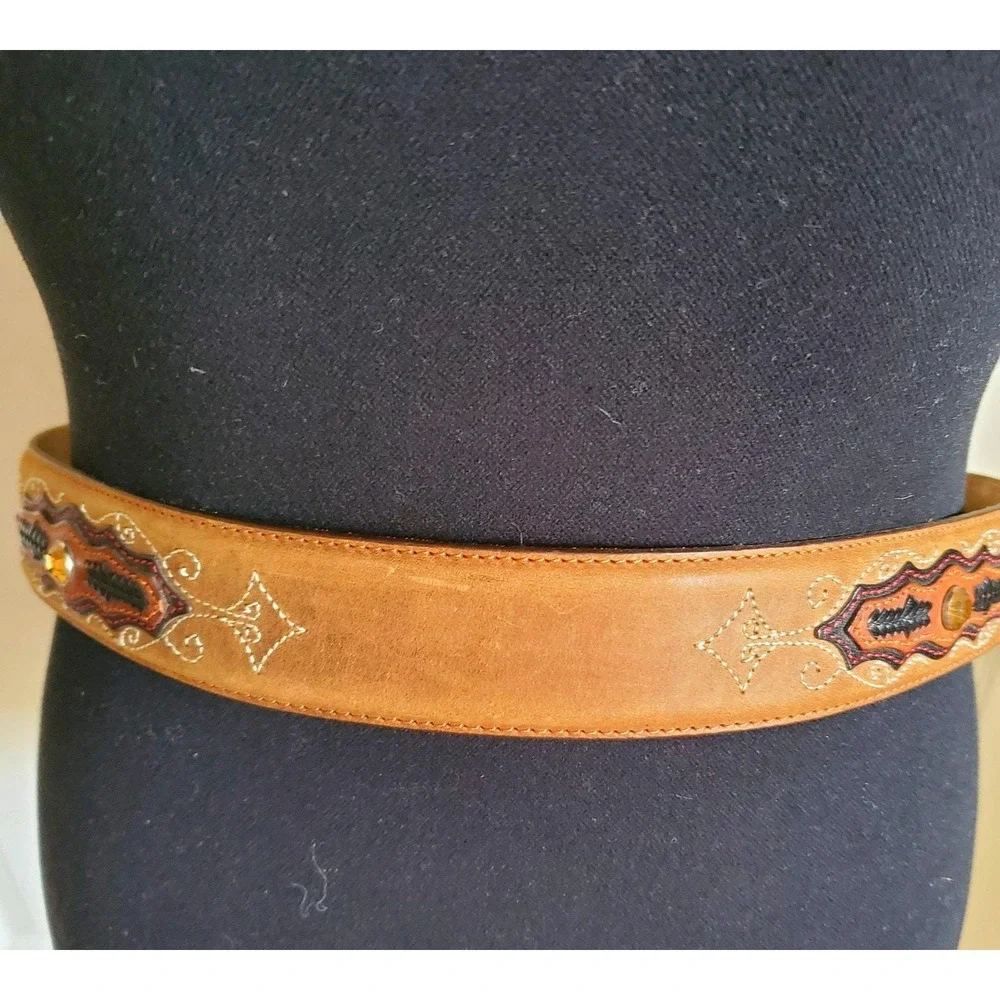 Tony Lama Brown Leather Belt 36 Topaz Crystal Stud Western Overlay Stitched Boho